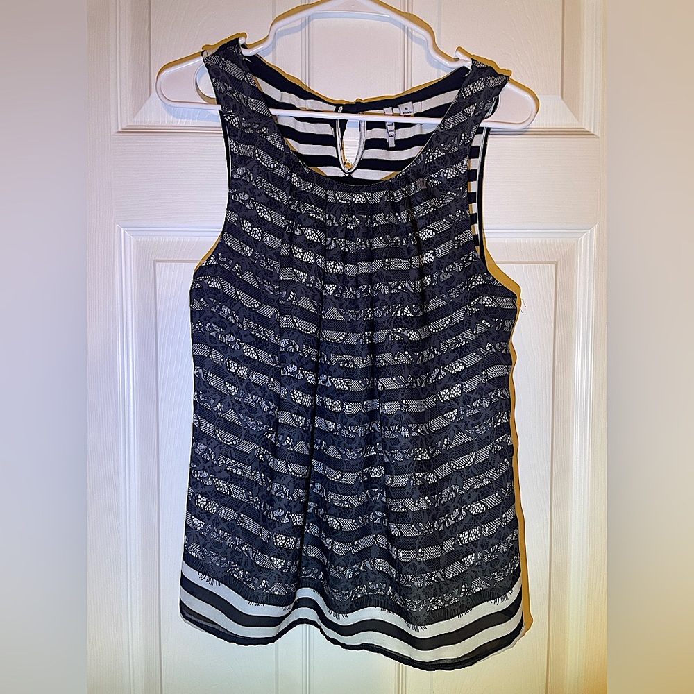 Elle Striped Sleeveless Top with Faux Lace Overlay - Black and White